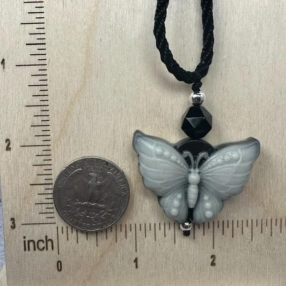 Tai Chi Stone Butterfly Pendant Necklace on Adjustable Black Rope - Picture 13 of 13